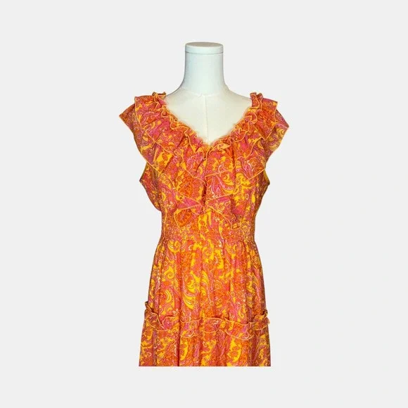 Versona Women's M Orange Pink Paisley Midi Dress Tiered Ruffle | Boho - Picture 3 of 7